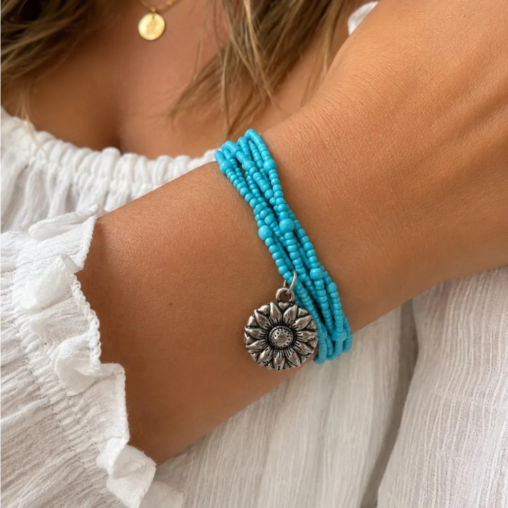 Turquoise Seed Bead Stretch Bracelet with Sunflower Charm